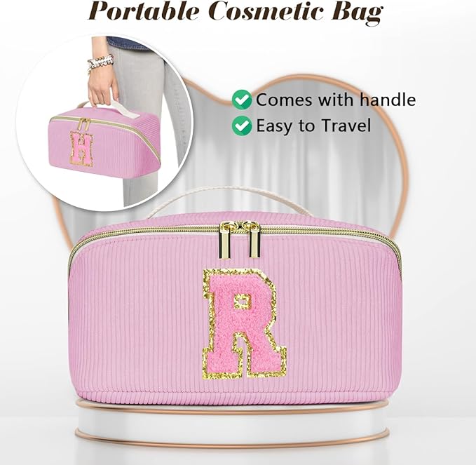 Gifts for Girls, Initial Travel Makeup Bag Women's Day Gift Make up Bag Cosmetic Bags Monther's Day Gifts, Personalized Stuff Bag Cute Makeup Bag Birthday Gifts for Women/Friend/Mother Pink - T