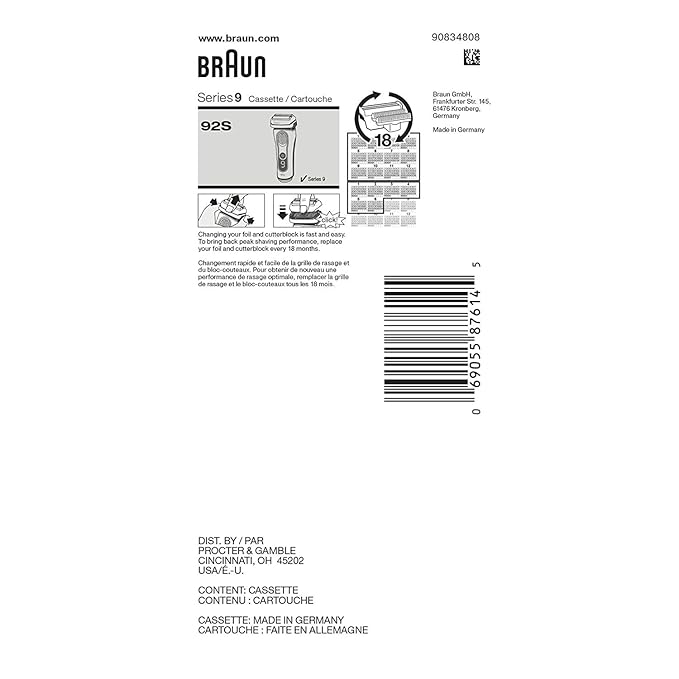 Braun Series 9 Electric Shaver Replacement Head - 92S - Compatible with all Series 9 Electric Razors 9290cc, 9291cc, 9370cc, 9293s, 9385cc, 9390cc, 9330s, 9296cc