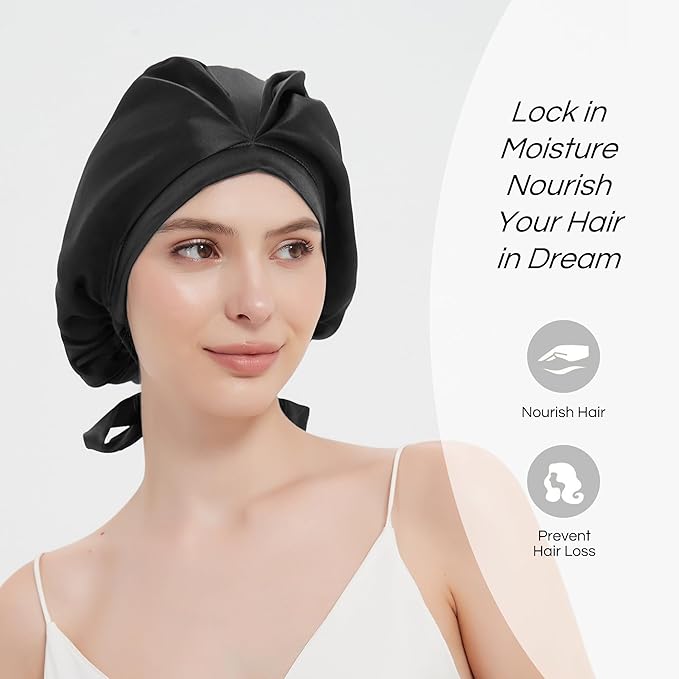 RachelSilk 100% Mulberry Silk Sleep Cap, Grade 6A 19 Momme Silk for Women Hair Care, Night Bonnet with Elastic Stay On Head, Sleep Cap After Shower, for Small -Medium Head Size (Black)