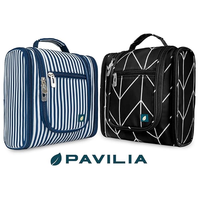 PAVILIA Toiletry Bag Travel Bag for Women Men, Hanging Cosmetic Organizer, Water Resistant Makeup Bag for Accessories Toiletries, Large Travel Essentials Kit (Black Chevron)
