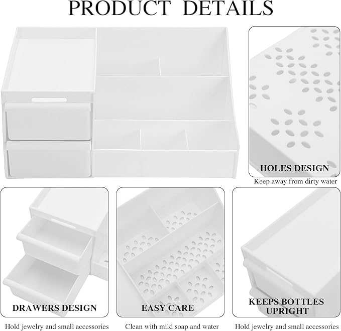 skin care organizer,Makeup Desk Organizer With Drawers,Countertop Organizer for Cosmetics,Vanity brush with Holder for Lipstick, Brushes, Eyeshadow, and Desktop (Large-White)