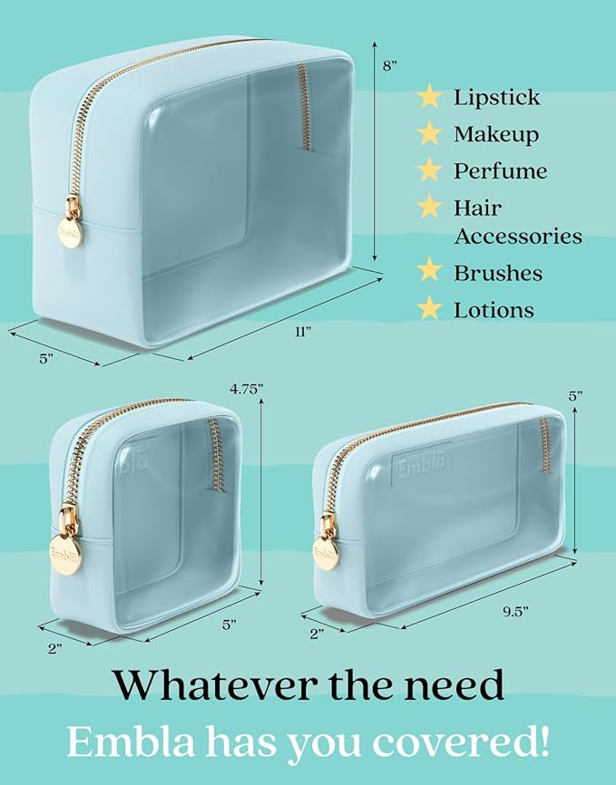 Clear Cosmetic Bags Set of 3, Mini Small Large Makeup Bags For Women Clear Pouch Cosmetics Cases Zipper Cute Pouches Make Up Travel Toiletry Essentials Preppy Purse Organizer Makeup Cases, Sky