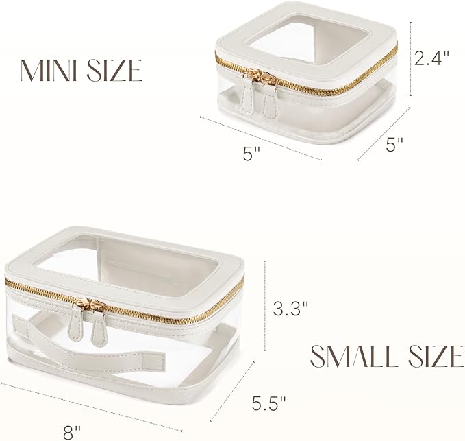 Clear Cosmetic Bag Set for Women Makeup Bag with Handle, TSA Travel Toiletry Bag Transparent Cosmetic Case Portable Make Up Organizer Bag for Essentials (White, Mini+S)
