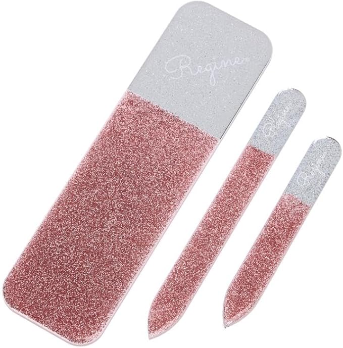 3pc Nano File Set: Professional Heavy Duty Glass Nail Files with Case Kit - Reusable Crystal Fingernail Manicure and Pedicure Tools for Men, Women, and Adults (Rose Shimmer)