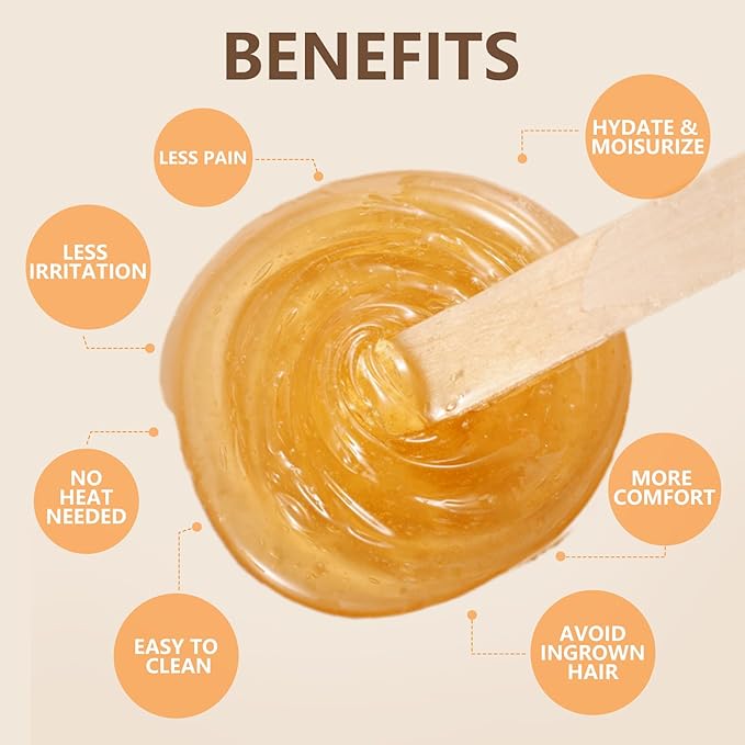 Sugar Wax Kit for Hair Removal: 300g Body & Face Organic Sugaring Paste for Personal Home Use and Professional Salon Use - with 20pcs Wax Strips, 10pcs Sticks, 20pcs Cleaning Oil Wipes