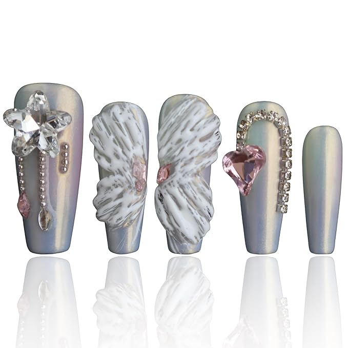 Handmade Nails, Press On Coffin Nails, White Nails, 3D Press On Nails, Artificial Nails, Rhinestone Press On Nails, Luxury Press On Nails, Gifts For Women, COOLYOUNG Nails, 10 PCS, Size L