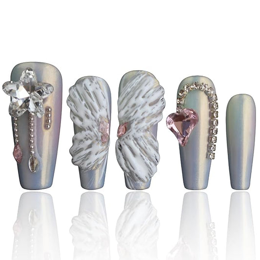 Handmade Nails, Press On Coffin Nails, White Nails, 3D Press On Nails, Artificial Nails, Rhinestone Press On Nails, Luxury Press On Nails, Gifts For Women, COOLYOUNG Nails, 10 PCS, Size L