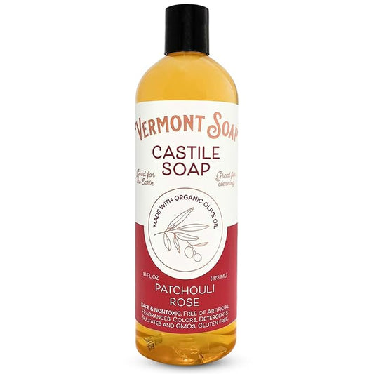 Vermont Castile Soap Patchouli Rose, Gentle Liquid Soap for Sensitive Skin & Natural Body Wash, Organic Hair Shampoo for Oily Hair, Aloe Castile Soap for Men & Women - 16 Oz