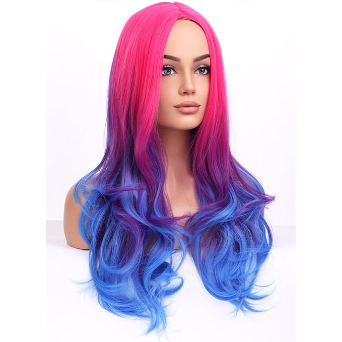 BERON Rose Ombre Blue Wigs Long Wavy Wig for Women Girls Hot Pink Blue Heat Resistant Synthetic Hair Wigs for Cosplay Party Daily or Use