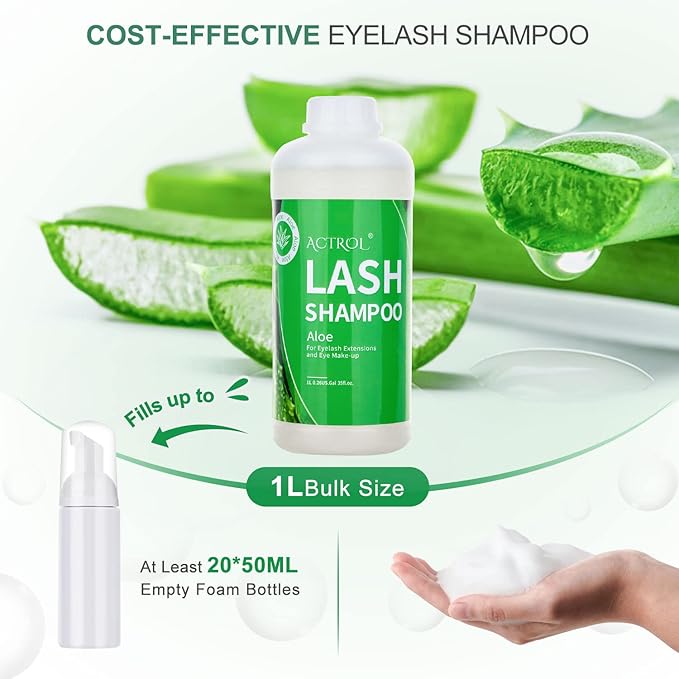 Eyelash Extension Cleanser Aloe 1L Natural Lash Extension Shampoo Professional Eyelid Foaming Cleanser Paraben & Sulfate Free Non-lrritating with Salon and Home Care