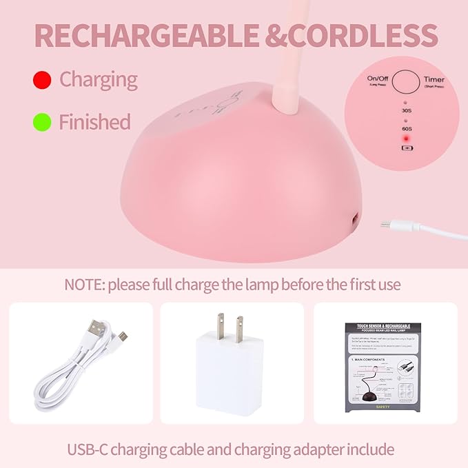 Touch Switch Nail Lamp,Flash Cure Gel X Lamp,Rechargeable Cordless UV LED Light with Timer, Gooseneck Gel Polish Curing Dryer Lamp,for Professional and Home Use (Pink)