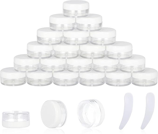 25PCS 3 Gram Sample Containers, 3ml Empty Jars with Lids, Small Cosmetic Containers, Mini Sample Jars with 2PCS Mini Spatulas for Make Up, Oils, Lotion, Powder, Paint, Jewelry, Lip Balms(White Lid)