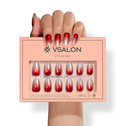 VSALON Press On Nails - Short Almond Red Cat Eye Ombre Fake Nails with Extra UV Cure Glue, 28-Days Salon-Strong No Pop-Off, Reusable Fake Nails for Party & Daily Wear - 32 PCS in 16 Sizes (Cocktail)