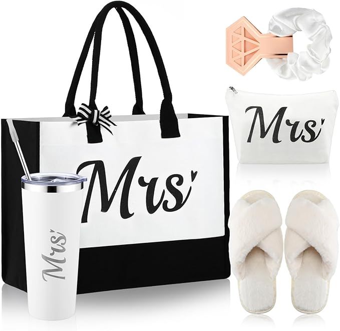 LEIFIDE Bride Tote Bag Bride Gifts Set 5 Pcs Makeup Bag Bride Stainless Tumbler Cup Bride Slippers White Hair Tie Slippers for Bridal Shower Bachelorette Party Wedding Day Gifts for Bride (Fresh)