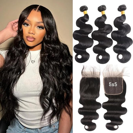Brazilian Body Wave Bundles With Closure Human Hair (16 18 20+5x5 Lace Closure 14Inch) 3 Bundles Human Hair With 5X5 HD Lace Closure 100% Human Hair Bundles With Closure Black