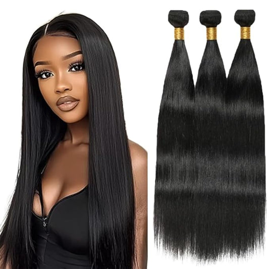 24 26 28 Inch #1B Straight Human Hair Bundles Natural Black Straight Bundles Brazilian Remy Weave Hair Extensions Soft and Silky for Women