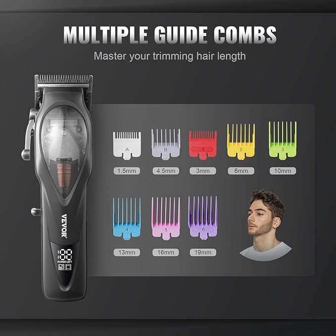 VEVOR Hair Clipper for Men with Magnetic Motor 10000RPM, Cordless Barber Clipper with DLC Fade Blade, Men's Hair Cutting Grooming Kit with 8 Guide Combs for Home Barber, Ideal Gift for Man