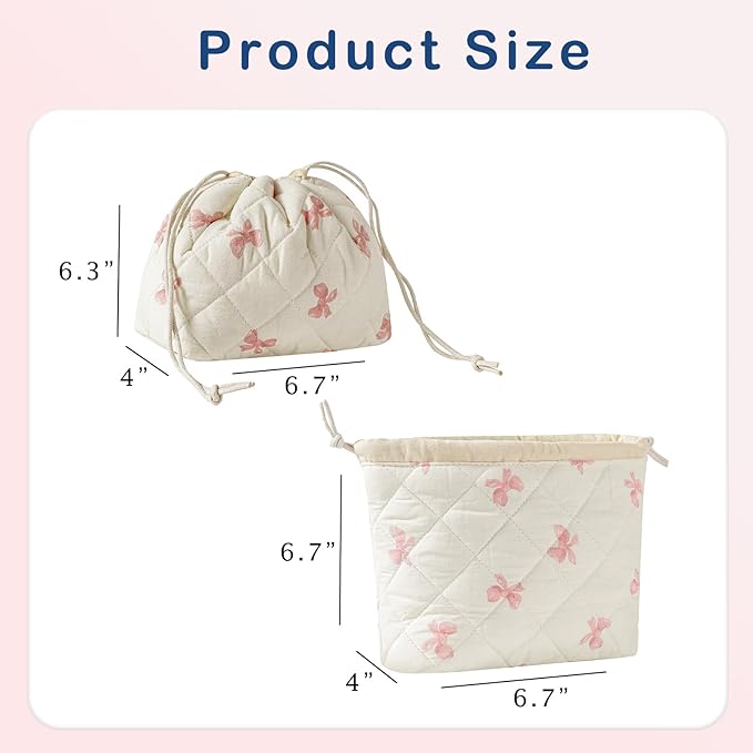 Cotton Quilted Drawstring Makeup Bag with Canvas Lining,Coquette Aesthetic Cute Travel Toiletry Bag,Drawstring Gift Bag for Women and Girls（09Little Pink Bow）