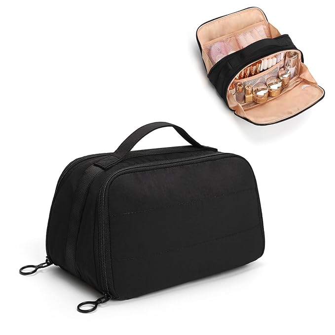 OCHEAL Travel Makeup Bag - Wide Open Cosmetic Bag for Women Make up with Two Compartments, Portable Lightweight Roomy Organizer Toiletry Bag for Girls Skincare tools Accessories-Black