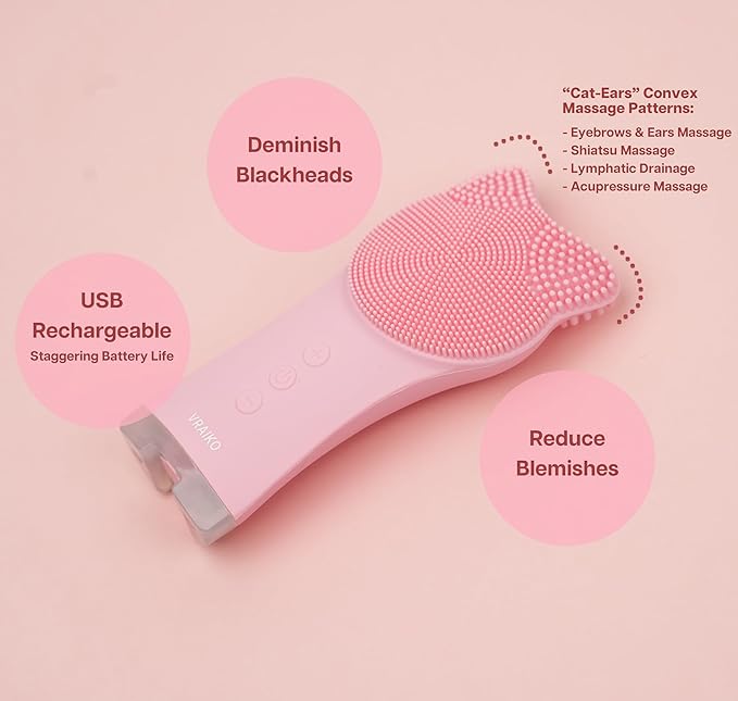 MIA Facial Cleansing Brush, Waterproof Rechargeable Face Cleansing Brush, with Soft Silicone and Adjustable Sonic Vibration, for Deep Cleansing Gentle Exfoliating and Massaging (Pink)