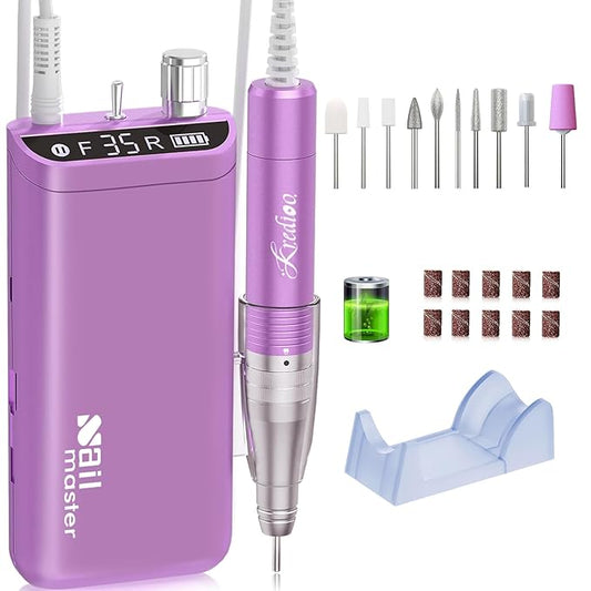 Kredioo Nail Drill, Nail Drills for Professional Acrylic Nails 35000RPM Rechargeable Portable Electric File Drill Machine with 10 Bits Set Quickly Remove Gel Polish Salon Quality Manicure-Purple
