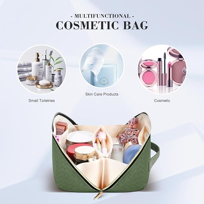 Travel Makeup Bag: Large Capacity Cosmetic Bag for Women, Portable PU Leather Waterproof Stuff Bag With Handle and Divider Flat Lay Makeup Pouch Toiletry Bag Birthday Gift for Women - Green