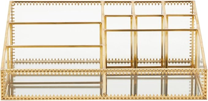 Glass Makeup Organizer with Gold Trim for Vanity, Cosmetic Storage (10.2 x 7.5 x 3.5 In)