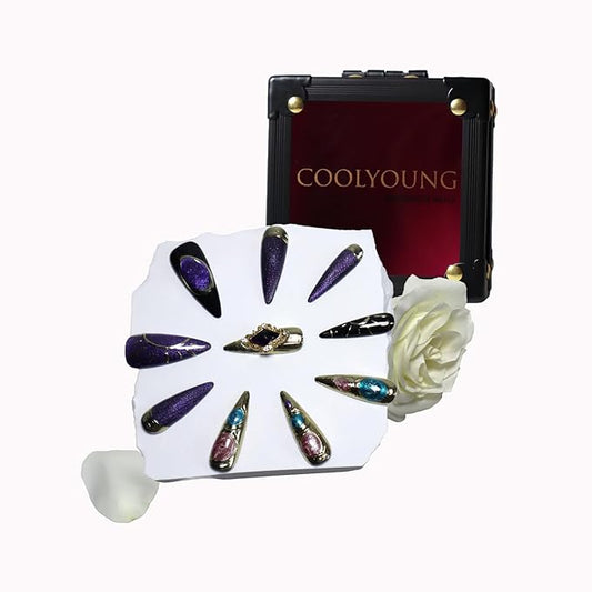 Homemade Press On Nails, Stiletto Press On Nails, Purple Nails, Metallic Press On Nails, 3D Press On Nails, Gel Press On Nails, Acrylic Press On Nails, Gifts for Women, COOLYOUNG Nails, 10 PCS,Size S