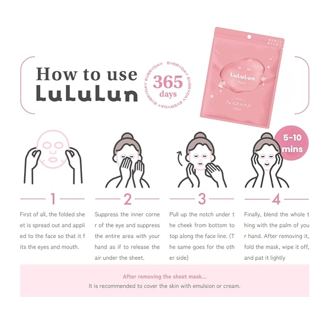 Lululun 7 EA Facial Sheet Masks for Dry Skin & Dull Skin Women & Men, Hydrating & Moisturizing Face Mask Sheet with Seaweed & Cranberry Extracts, Natural Daily Face Skincare from Japan, PURE PINK
