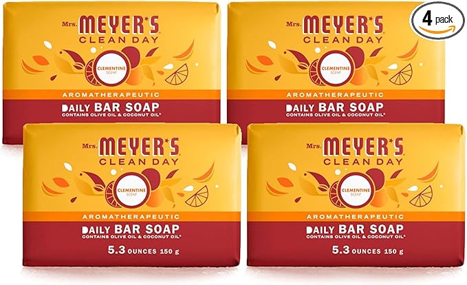 MRS. MEYER'S CLEAN DAY Bar Soap, Use as Body Wash or Hand Soap, Made with Essential Oils, Clementine_, 5.3 oz, 4 Bars