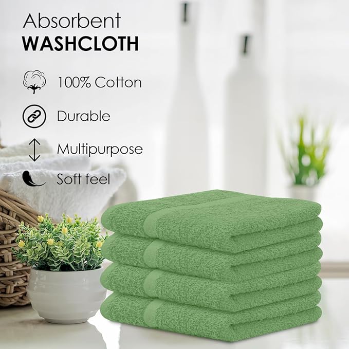 Avalon Towels Cotton Washcloths – (Pack of 36) Size 12x12 Inches, 100% Ring Spun Cotton, Soft & Absorbent Face Towels, Gym Towels, Hotel and Spa Quality, Reusable Fingertip Towels (Sage Green)