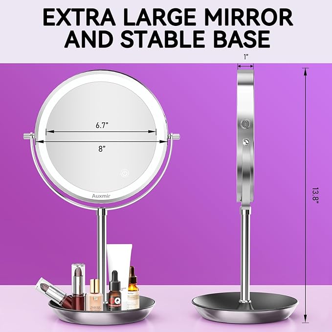 8" Lighted Makeup Mirror Rechargeable 1X/10X Magnifying Mirror with 3 Dimmable Colors Light, Double Sided Vanity Mirror with Stand, 360° Rotation Touch Screen Tabletop, Chrome