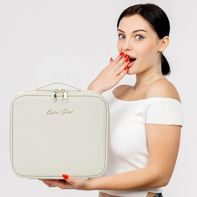 Makeup Travel Train Case with Mirror LED Light 3 Adjustable Brightness Cosmetic Bag Portable Storage Adjustable Partition Waterproof Makeup Brushes Makeup Jewelry Gift for Women (Light Gray)