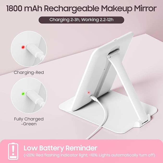 Benbilry Foldable Travel Makeup Mirror with Lights and 20X Magnification, Rechargeable Tabletop LED Vanity Mirror with Adjustable Stand, 3-Colored Dimmable Lighting, Portable Cosmetic Mirror, White