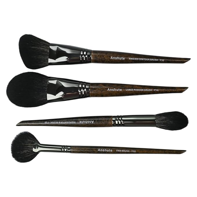 Natural Goat Hair Makeup Brushes Set of 4, Face Brushes, Professional Natural Hair Cosmetic Brushes, Beech Wood Handle. Super Soft Bristles, Variety of Brushes.