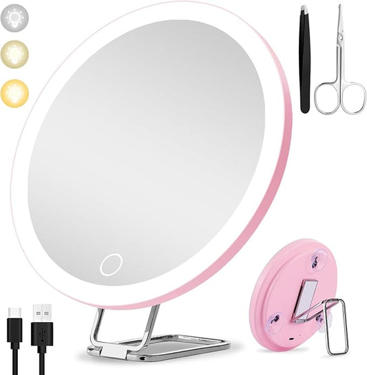 5X Magnifying Mirror with Light, 3 Color Modes Dimmable Light Large 6'' Travel Lighted Magnified Mirror with Suction Cups & Table Stand, with Tweezers & Scissors