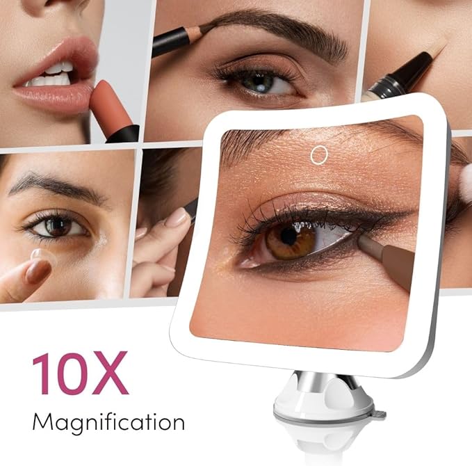 Fancii Rechargeable 10x Magnifying Mirror with 3 LED Light Settings, Dimmable Touch Light, Cordless, Locking Suction Mount, Lighted Mirror for Bathroom or Travel, Mira 2 (White)