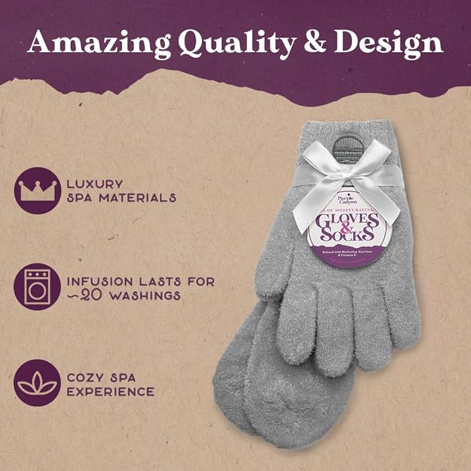 Purple Canyon Aloe Socks and Gloves Set | Light Gray Fuzzy Socks and Gloves Infused with Aloe and Vitamin E | Spa Socks and Gloves for Women