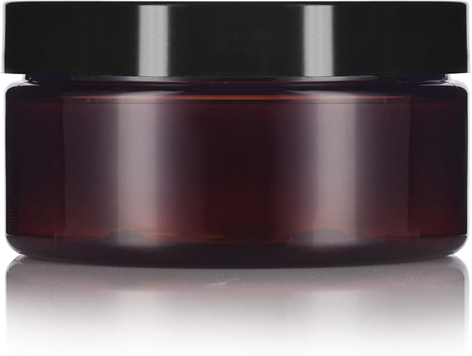 8 oz Amber PET Plastic Refillable Low Profile Jar Black Smooth Lid (12 pack)