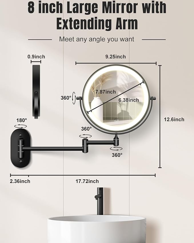 30X/1X Wall Mounted Lighted Makeup Mirror, 8'' Double Sided Rechargeable Magnifying Bathroom Mirror with Light, 3 Color Lights Touch Dimmable Extended Arm 360 Rotation Light up Mirrors
