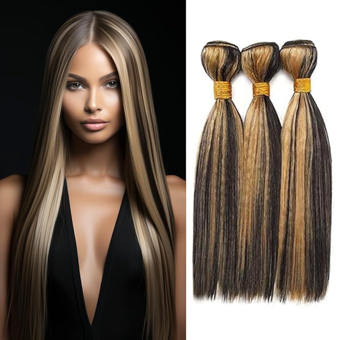 Highlight Bundles P1B27 Straight Bundles Human Hair #1B Mixed With #27 two tone Brazilian Weave Human Hair Soft and Silky for Black Women 12 14 16 Inch