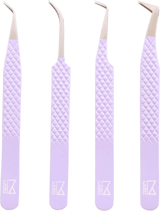 M LASH Tweezers for Eyelash Extensions (Set of 4) - Professional Lash Extension Tweezers - Fiber Tip, Japanese Steel, Diamond Grip Eyelash Extension Tweezer (Digital Lavender)