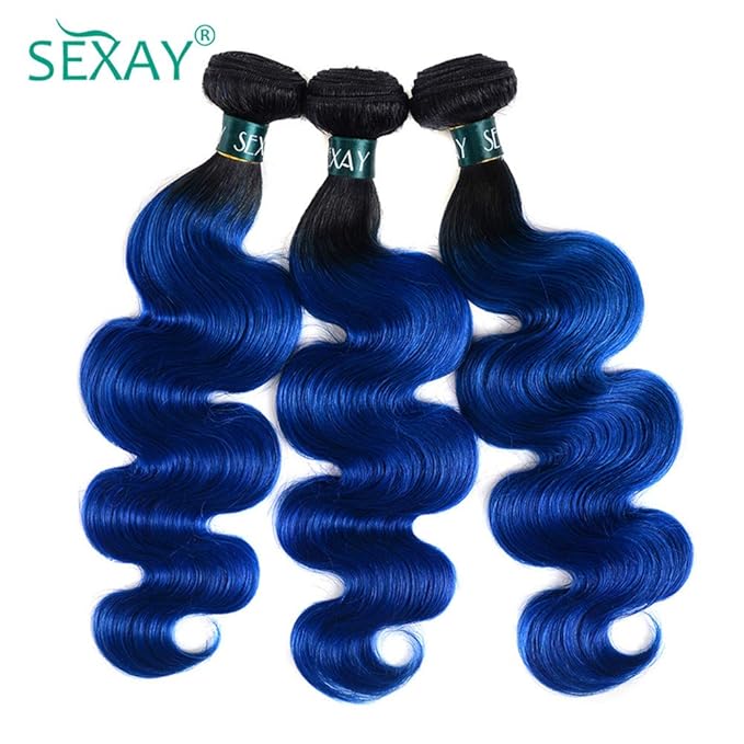 Blue Human Hair Bundles with Closure 100% Remy Brazilian Body 1b/blue Ombre 3Bundle with Closure Hair Unprocessed 10A Virgin Human Hair for Women(16"18"20"+14closure, Body 1b/Blue)