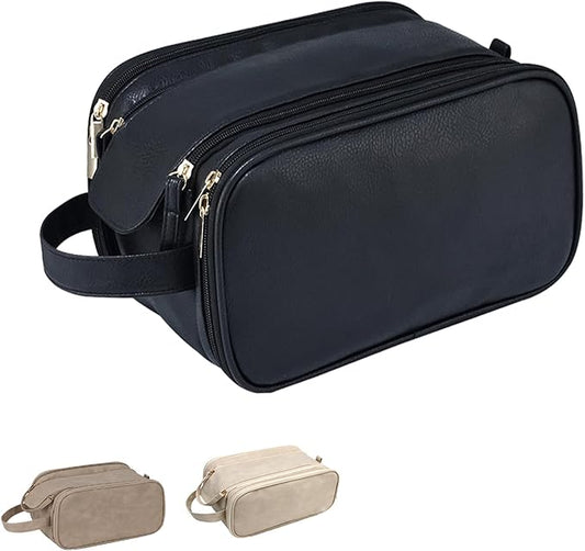 Travel Toiletry Bag for Women PU Leather Triple-layer Double Zipper Toiletry Bags,Waterproof with Handle Mens Toiletry Bag Stowable Brushes, Toiletries Makeup for Business Trips Camping Bathroom Black