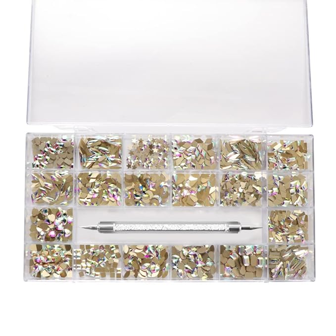 3100Pcs Nail Crystal Rhinestones Kit, Mix Shapes AB Glass, 3D Diamonds Flatback Crystals, with a Drill Pen, Nail Crystal Non Hotfix, Nail Art Decoration(Silver)