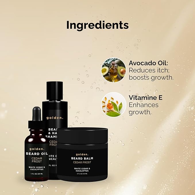Golden Grooming Co. Everyday Beard Bundle – Complete Beard Care Set | Includes Beard Oil, Balm & Shampoo (Regular, Cedar Frost)
