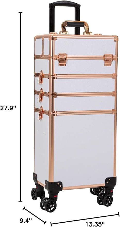 4 in 1 Portable Traveling Aluminum Professional Makeup Trolley Cart with Multiple-Sized Compartments and Wheels (Gold with White)