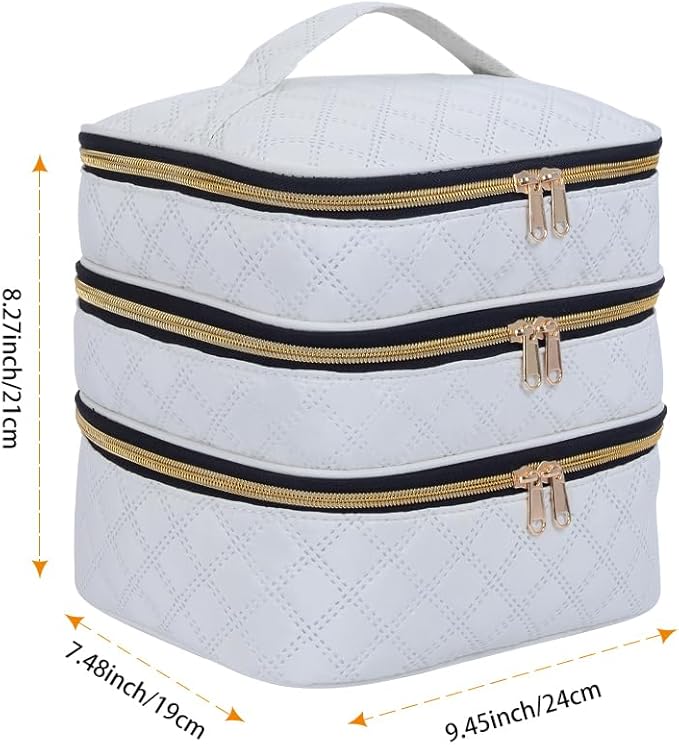 Large Makeup Bag 3 Layers with Handle Travel Makeup Bag Organizer Toiletry Accessories Bottles, Brushes, and Skin Care Products (Beige)