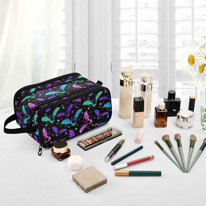 MNSRUU Luminous Bats Makeup Bag - Large Capacity Cosmetic Organizer, Portable Toiletry Bag for Travel Size