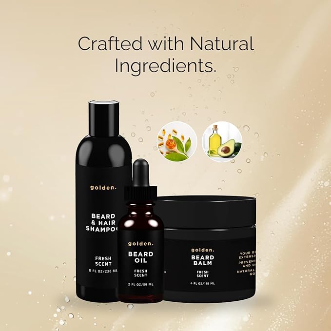 Golden Grooming Co. Everyday Beard Bundle – Complete Beard Care Set | Includes Beard Oil, Balm & Shampoo (XL, Fresh Scent)